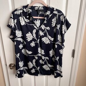 White House Black Market Navy Floral Ruffle Neck Short Sleeve Blouse Top XL